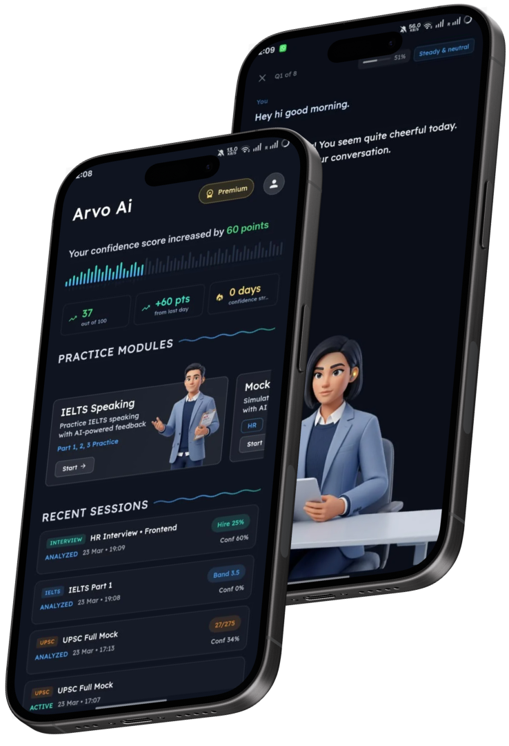 Arvo app home screen with confidence score, streak, and modules
